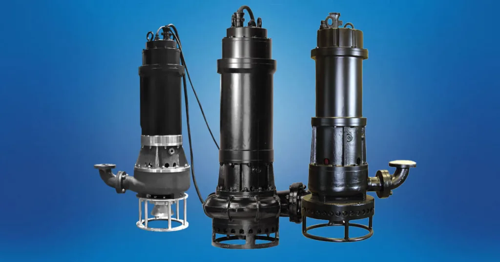 Set of three black submersible pumps against a blue background, highlighting durability and capability for handling harsh industrial processes.