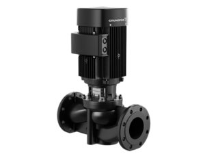 A Grundfos TP inline single-stage pump with a black vertical motor and flanged connections, designed for efficient and reliable fluid circulation in HVAC, cooling, and industrial systems.