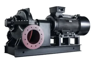 A large Grundfos LS horizontal split case pump with a powerful motor, designed for high-capacity water transport and circulation in industrial and commercial applications, offering efficient and reliable performance.