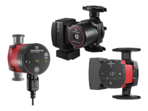 A collection of Grundfos ALPHA series circulation pumps in red and black designs, showcasing advanced energy-efficient performance for residential and commercial heating and cooling systems.