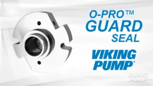 Viking Pump promotional image for the O-Pro® Guard Seal, featuring a close-up of the metallic seal component on the left, with bold blue text branding on the right against a white background.