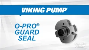 Promotional image for Viking Pump’s O-Pro® Guard Seal, showcasing a high-performance metallic seal with a smooth finish. The Viking Pump logo and blue text branding highlight the product's reliability.