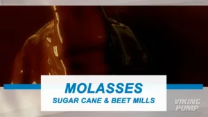 Close-up of thick, amber-colored molasses being poured, with the words 'MOLASSES SUGAR CANE & BEET MILLS' in blue text over a white banner. The Viking Pump logo appears in the bottom right corner.
