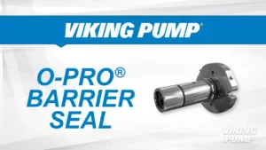 Viking Pump promotional image for O-Pro® Seal Technology, featuring a close-up of the barrier seal component with a sleek metallic finish, accompanied by bold text branding and the Viking Pump logo.