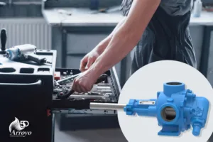 A mechanic in a workshop selects tools from a toolbox, preparing for a Viking gear pump repair. In the foreground, an inset image highlights a blue Viking Pumps gear pump. The Arroyo Process Equipment logo is displayed in the corner, emphasizing professional pump replacement and repair services.