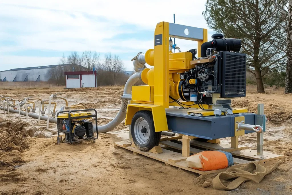 Construction site with a heavy-duty portable dewatering pump system in operation, featuring a diesel engine and large suction hoses for groundwater removal and fluid transfer.