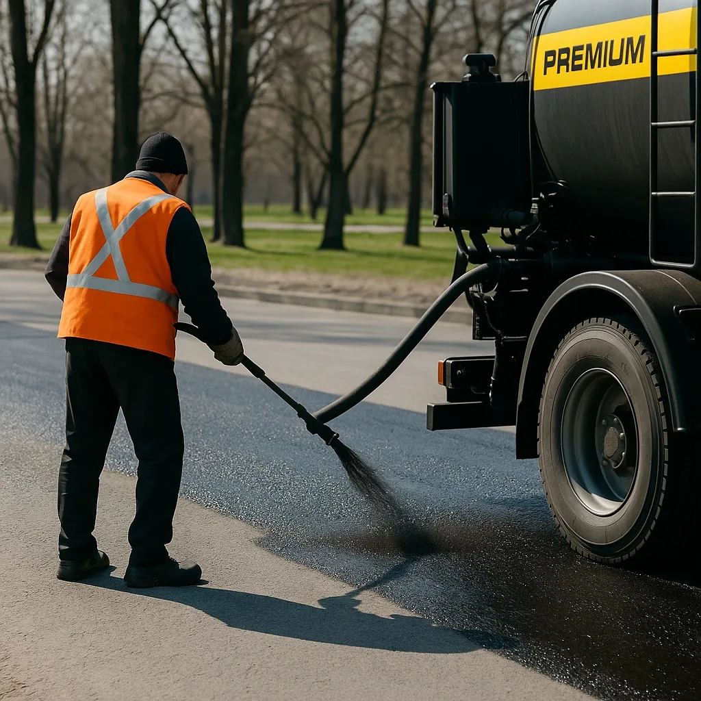 Road construction worker in a high-visibility orange vest applying hot asphalt using a hose connected to a distribution truck labeled "Premium," with fresh asphalt visibly coating the road surface on a clear day.