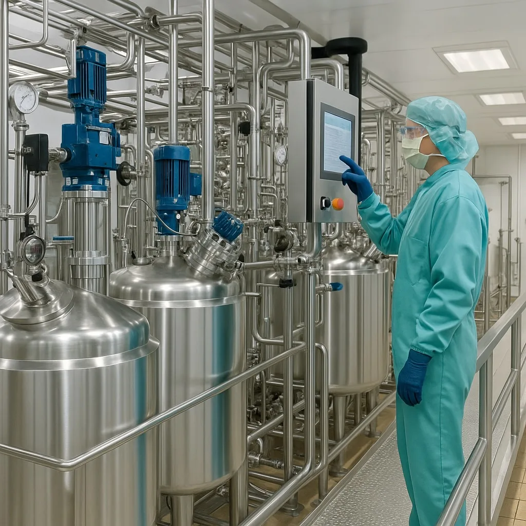 Pharmaceutical worker in sterile turquoise scrubs operating a touchscreen control panel inside a cleanroom environment, surrounded by stainless steel tanks, valves, and sanitary piping in a high-tech biotech or pharma manufacturing facility.