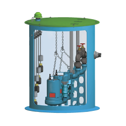 Barnes fiberglass lift station with dual submersible pumps, pipe rail system, float switches, and control components inside a cylindrical tank with a green access cover.