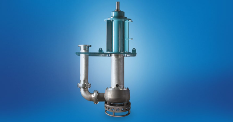 HNC-Hevvy-Toyo_Pumps-Canteliever-Pump ertical cantilever pump by Hevvy | Toyo Pumps, featuring a robust open shaft design with a heavy-duty impeller and discharge pipe, photographed against a blue gradient background.