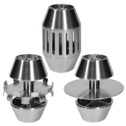 Set of Sharpe High Shear Mixer heads in stainless steel, each featuring different rotor-stator designs engineered for intense mixing, emulsifying, and dispersing applications.