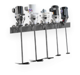 Row of Sharpe portable mixers with various motor configurations mounted on a metal bracket, each featuring a long mixing shaft and impeller.