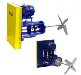 Sharpe Mixers V Series Side Entry Mixers featuring horizontal blue motor units mounted on vertical plates, each with a stainless steel propeller extending outward for efficient tank mixing.