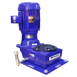 Sharpe Top Entry Mixer with a blue motor and gearbox assembly mounted on a base plate, designed for heavy-duty industrial mixing applications.
