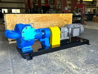 Viking Pump Package (Custom Assembly) Custom Viking pump with motor assembly on a black steel baseplate, featuring a blue internal gear pump and gray electric motor, fabricated inside Arroyo Process Equipment’s facility.
